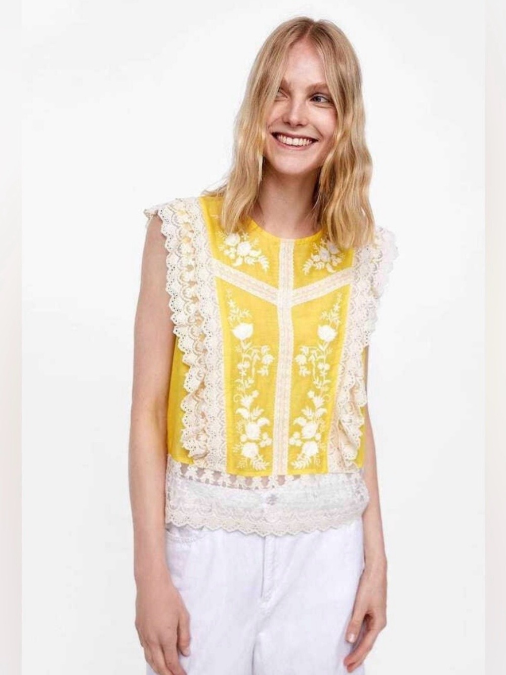 Zara Yellow Lace-Trim Embroidered Sleeveless Blouse